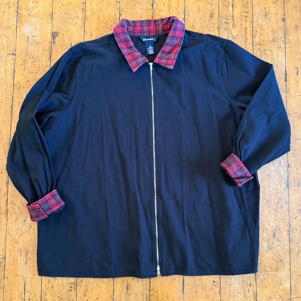 Black Double Zip Jacket with Red Plaid Detailing